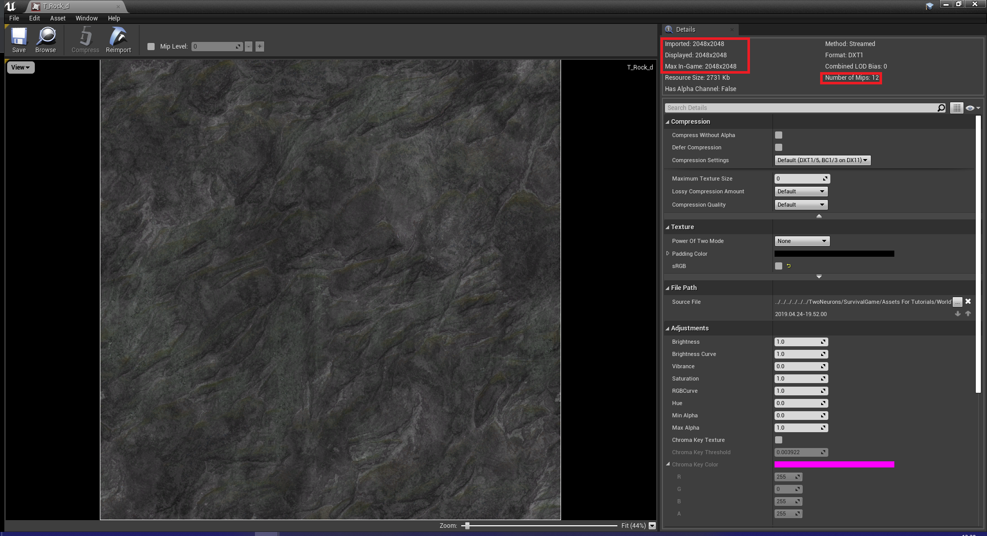 An image showing texture resolutions in unreal and the number of mips a power of 2 (2k) image has.