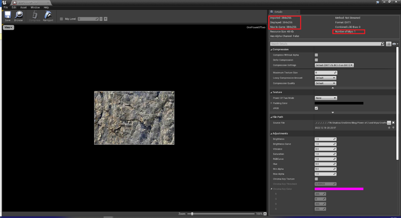 Image showing a non-power of two image texture resolution and mips in unreal.